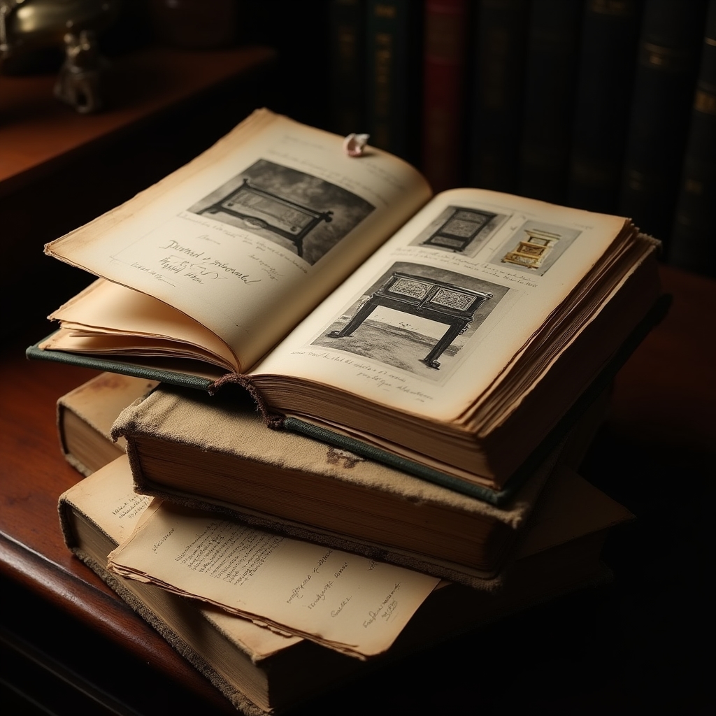 A collection of well-worn reference books on antiques and collectibles stacked on a wooden table, some open to illustrated pages showing ceramic marks and furniture details