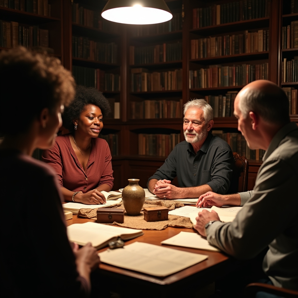 A small group of diverse collectors gathered around a table examining antique objects, reference books open and notes visible, engaged in animated discussion