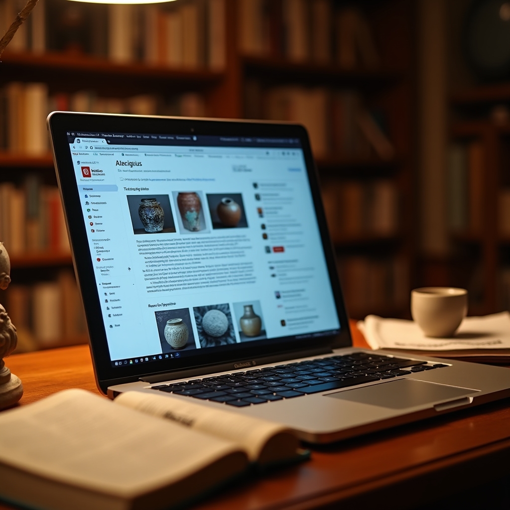 A laptop screen showing an online forum thread with photographs of antique pieces, collector annotations, and identification discussion in a warm, book-lined study