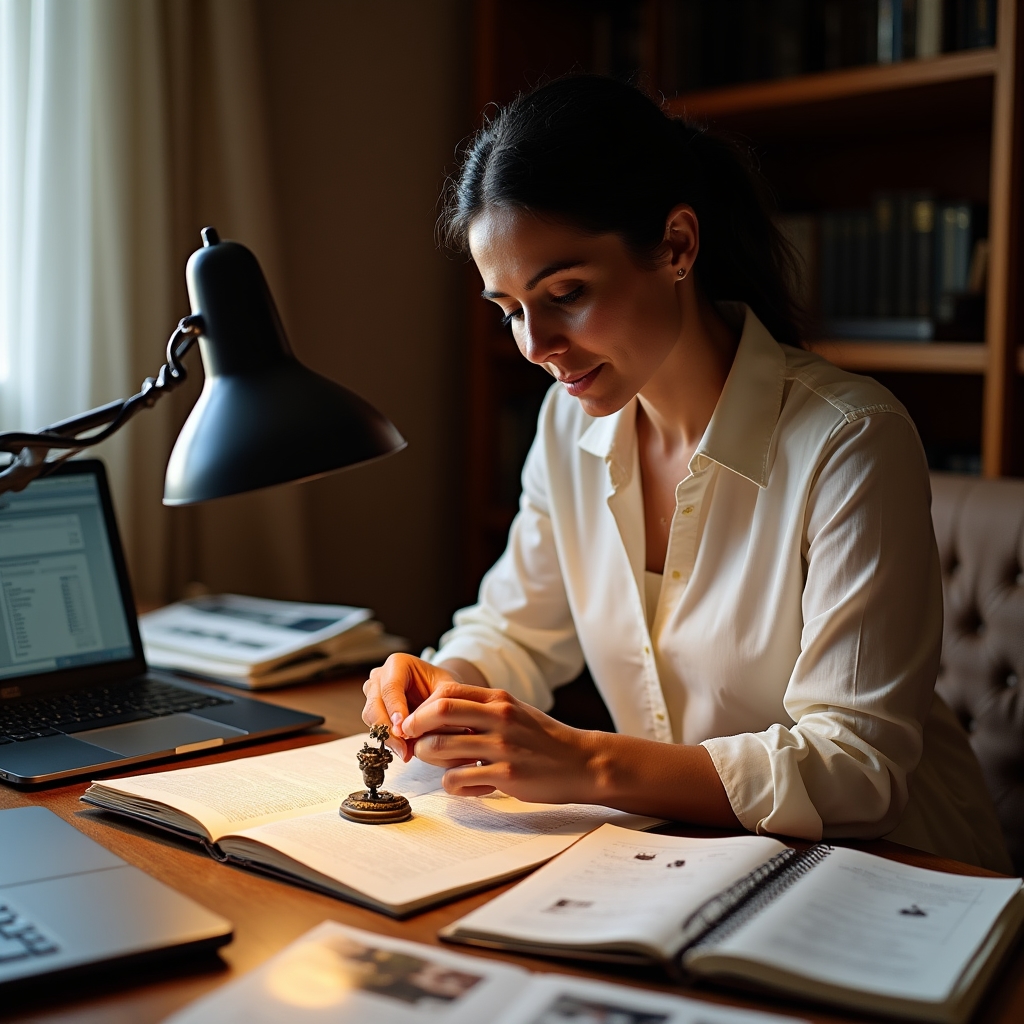 A person studying vintage objects at a well-lit desk with reference books, a magnifying glass, and handwritten notes