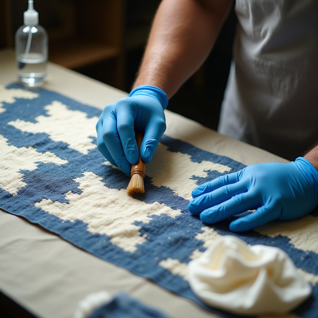 Close-up of hands gently cleaning a vintage textile with soft brushes and conservation tools on a padded work surface